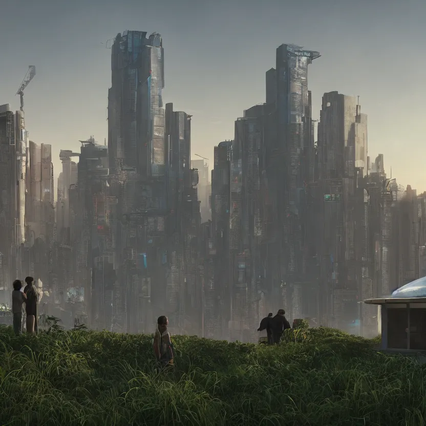 Prompt: a cinematic composition depicting : we're overlooking a cyberpunk civilization with overgrown buildings by santiago calatrava, where a solarpunk tribe is peacefully collaborating with their android helpers and bright green computer screens, octane render, hyperrealistic, at sunrise, by edward hopper