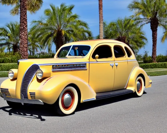 Image similar to 1 9 3 7 pontiac sedan, tan, palm trees in the background