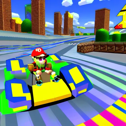 Image similar to thor on rainbow road, mario kart 6 4 screenshot, low poly, aliased