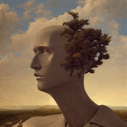 Prompt: hyperrealistic surrealism, dreamscape, david friedrich, award winning masterpiece with incredible details, zhang kechun, a surreal vaporwave vaporwave vaporwave vaporwave vaporwave painting by thomas cole of a gigantic broken mannequin head sculpture in ruins, astronaut lost in liminal space, highly detailed, trending on artstation