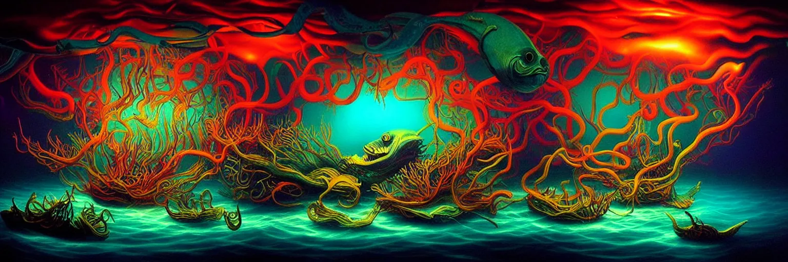 Image similar to strange sea creatures from the depths of the collective unconscious, dramatic lighting, surreal darkly colorful painting by ronny khalil