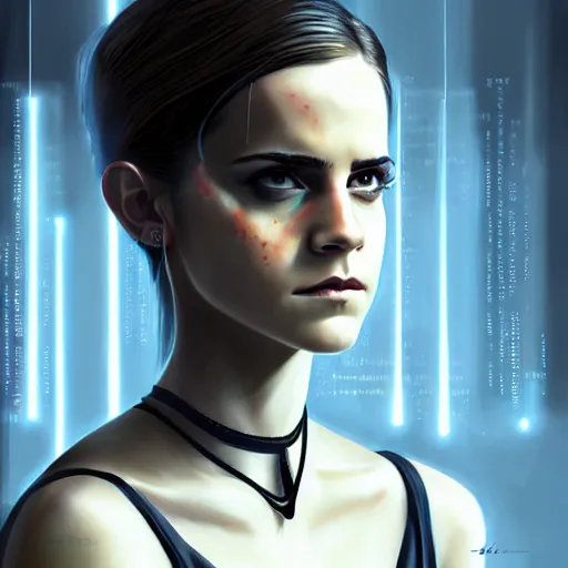 Image similar to emma watson as a cyborg in the matrix, digital art, detailed, painting, fantasy, sci fi, by ilya kuvshinov