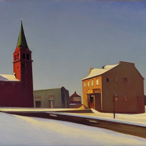 Image similar to an edward hopper style painting of a ( ( ( ( ( ( ( ( small town csorna ) ) ) ) ) ) ) ) in hungary, winter, january of 1 9 5 5