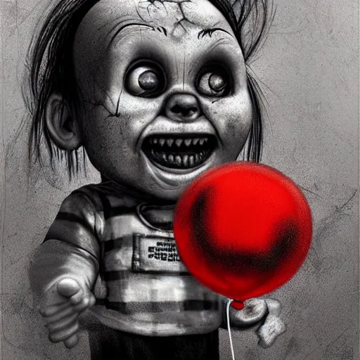 Image similar to surrealism grunge cartoon portrait sketch of chucky with a wide smile and a red balloon by - michael karcz, loony toons style, minecraft style, horror theme, detailed, elegant, intricate