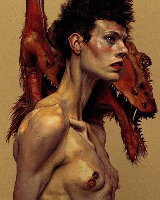 Image similar to portrait of a tyrannosaurus by greg rutkowski in the style of egon schiele