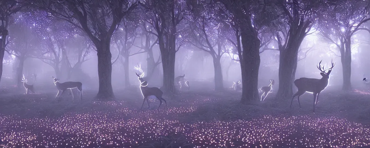 Image similar to deer in an ethereal forest made from glowing circuits and electronics, highly detailed concept art, 3 d, volumetric lighting