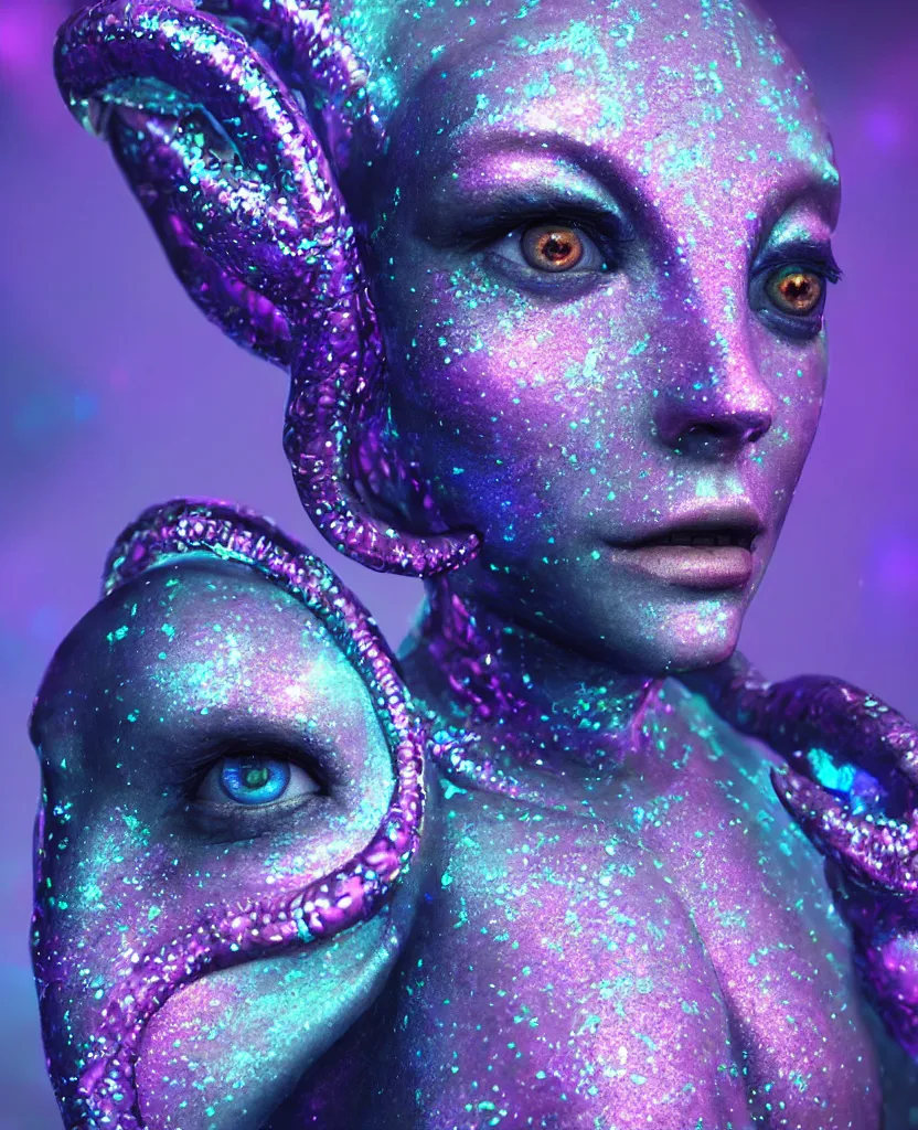 Prompt: beautiful blue alien female, ram horns, glitter, specular reflections, shiny skin, eye tattoo, portrait, synthetic full bodysuit colourful fish scale armour, intricate details, farscape, cinematic, octane render, subsurface scattering, bloom, shadows, purple glowy background, volumetric lighting