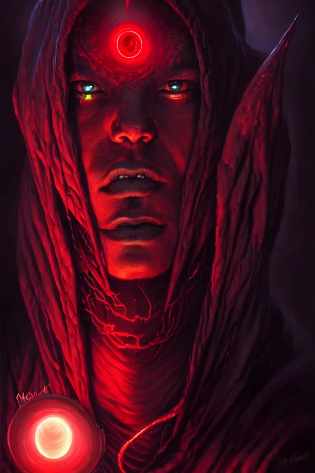 Image similar to a striking portrait of a pitch black eldritch shaman with sinister red eyes by moebius and ross tran and artgerm, trending on artstation, digital art, 4 k resolution, detailed, high quality, sharp focus, hq artwork, insane detail, volumetric lighting, character concept art, fine details, central clear subject