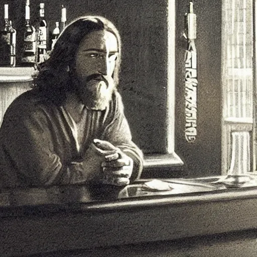 Prompt: a still of jesus sitting on a stool at the bar, last call. dark, smoky. he's looking to sin