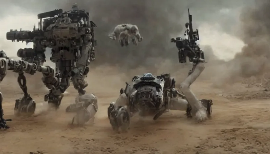 Prompt: big budget James Cameron movie about an evil robot dog with a minigun firing from its back