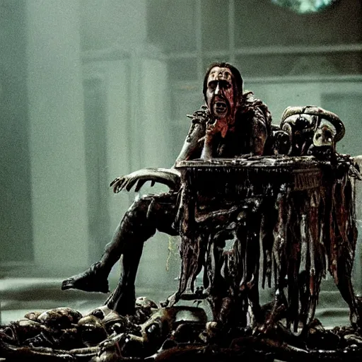 Image similar to Nicolas Cage as the putrescent lord of decay crying tears of blood, perched upon a throne diseased alien skulls, bizarre, cinematic, Eastman 5384 film