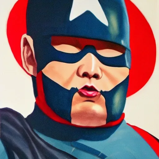 Image similar to kim jong un dressed as captain america. photorealism.