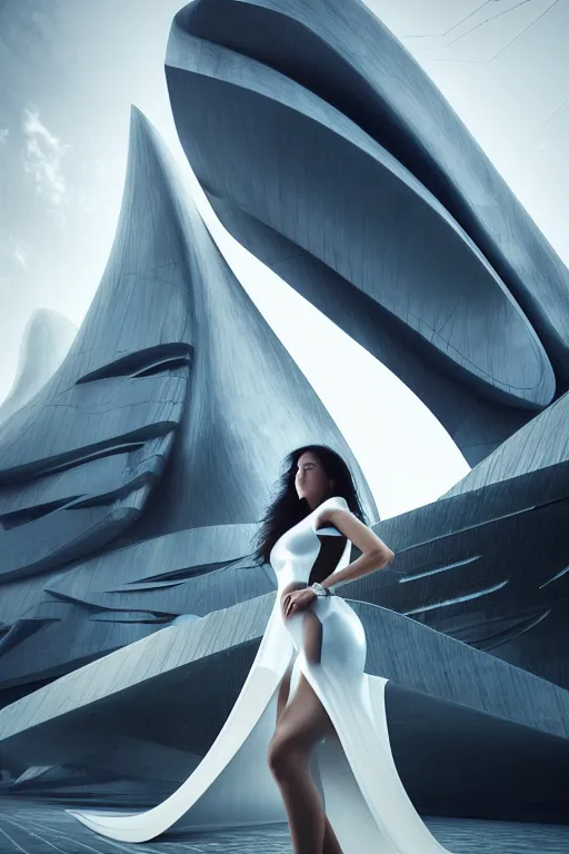 Prompt: a futuristic scene with an log silver haired beautiful woman in a white flowing dress, in front of a zaha hadid building, cinematic matte painting, extreme detail photo quality, dark moody colors, featured on behance