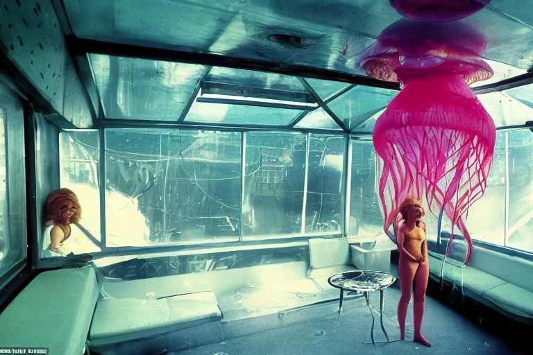 Prompt: high-angle view of a female jellyfish human hybrid wearing shiny discowear sitting inside of an unlit 1970s underwater A-frame house with a soviet computer console on the wall, a glass floor that shows an exterior of newyork subway station, ektachrome photograph, volumetric lighting, f8 aperture