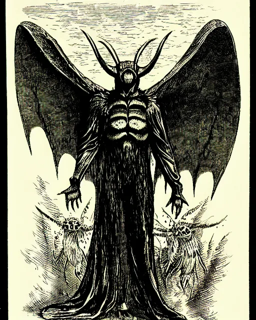 Image similar to illustration of mothman as a demon lord from the dictionarre infernal, etching by louis le breton, 1 8 6 9, 1 2 0 0 dpi scan