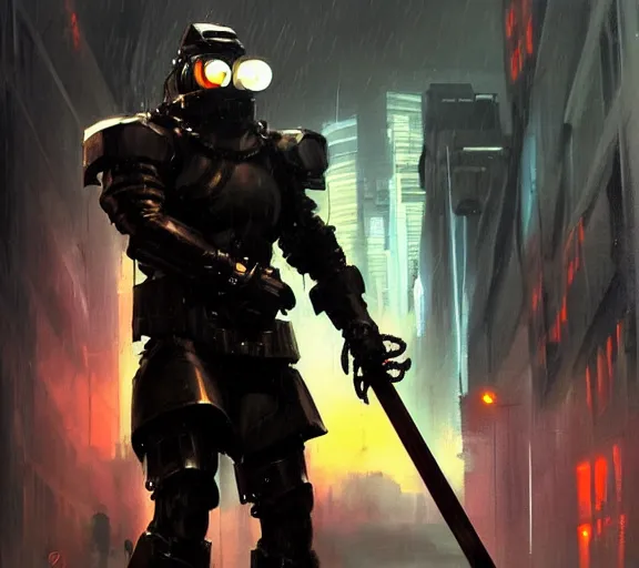 Image similar to Greg Manchess painting of a cyberpunk supersoldier character with katana, armoured in athletic carbon suit head to toe, cyberpunk street, rain, dark atmosphere, wide shot, asymmetrical, profile picture, Organic Painting, sunset dark dramatic, matte painting, bold shapes, hard edges, street art, trending on artstation, by Huang Guangjian and Gil Elvgren and Sachin Teng