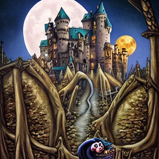 Prompt: dracula and castle full moon by Greg Craola Simkins , masterpiece