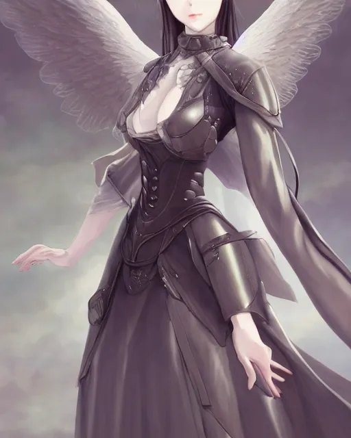 Prompt: range murata, an infinitely detailed portrait of a frail and pale female peace angel elegantly. fully - clothed full - body, beautiful! scenery art!! coherent! by wlop & murata range, victorian armor trim, cold color palette, artstation / pixiv!! elegantly armored angel portrait full - body, dreamy art