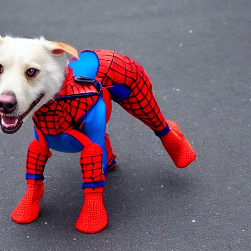 Image similar to dog wearing spiderman suit