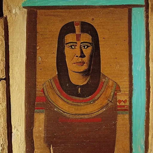 Image similar to fayum portrait of a lazy fat guy, mummy portrait, from egypt, from luxor, on wood