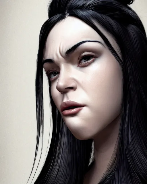 Image similar to portrait of a tall 4 0 - year - old woman with thin lips, long, lush black hair gathered on the head bun, and thick eyebrows, haughty facial expression, wearing in black clothes, aristocratic appearance, hyper realistic face, beautiful eyes, character art, art by mark brooks, hyperdetailed, cryengine, trending on artstation, digital art