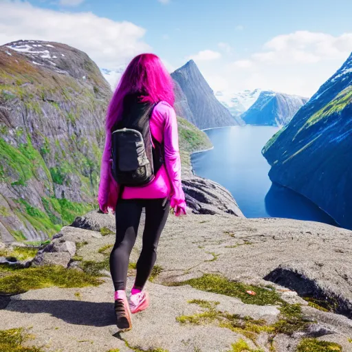 Prompt: a young woman with long pink hair, looking at camera, hiking clothes, tank top, backpack, norway, fjords in background, cinematic, beautiful, stunning, day time, epic, 8 k, 1 6 : 9