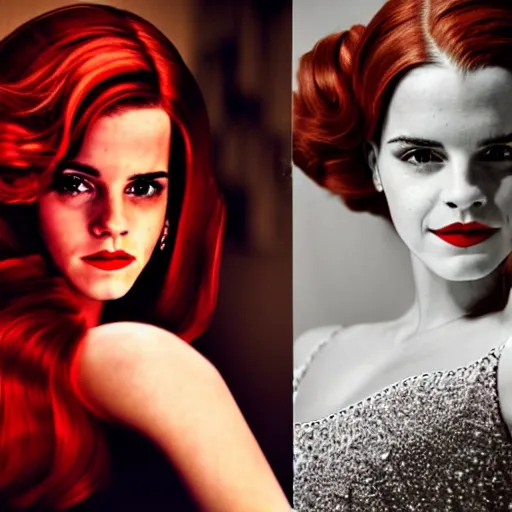 Prompt: Emma Watson as Jessica Rabbit, (Nikon, modelsociety, symmetric balance)