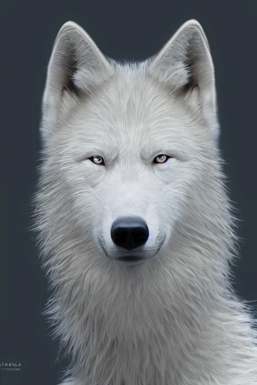 Prompt: hyper - realistic portrait of a white wolf with blue eyes, photorealism, portrait photography, volumetric lighting, insanely detailed, artstation, 4 k, 8 k