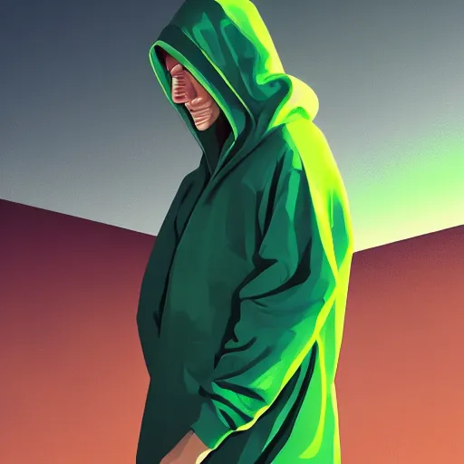 Prompt: portrait of a lost chad programmer with green hood by james gilleard, dramatic lighting, close up