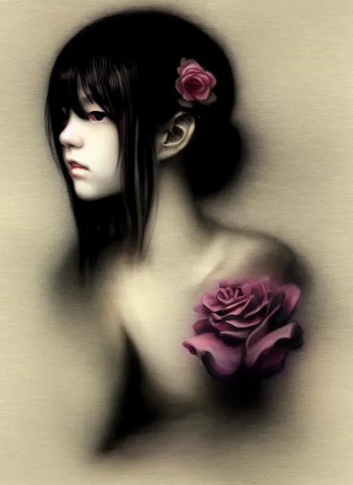 Image similar to an attractively pretty young woman with morbid thoughts wearing a Japanese-style school uniform, she is the queen of black roses, by Casey Baugh, Steve Caldwell, Gottfried Helnwein, Yasunari Ikenaga, and Range Murata.