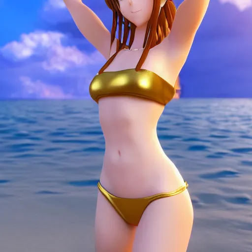 Image similar to Render of a very beautiful 3d anime girl, long pirple hair, hazel eyes, cute freckles, full round face, short smile, white bikini, golden hour, serene beach setting, medium shot, mid-shot, highly detailed, trending on Artstation, Unreal Engine 4k