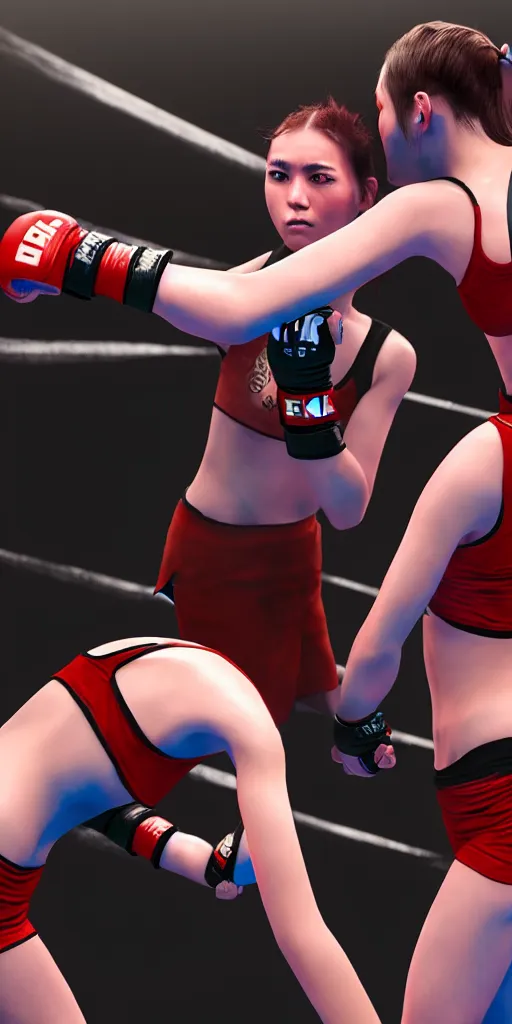 Prompt: two girls fighting mma, hyperrealistic painting, detailed, 4 k resolution, unreal engine