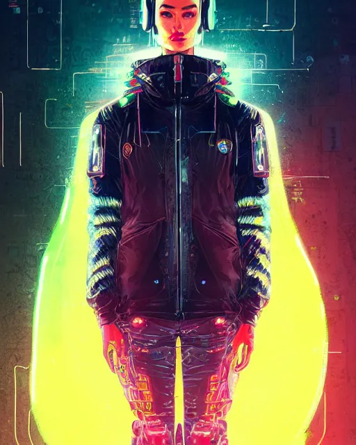 Prompt: neon operator, lena headey, cyberpunk futuristic neon, reflective puffer jacket, decorated with traditional japanese ornaments by ismail inceoglu dragan bibin hans thoma greg rutkowski alexandros pyromallis nekro rene maritte illustrated, perfect face, fine details, realistic shaded, fine - face, pretty face