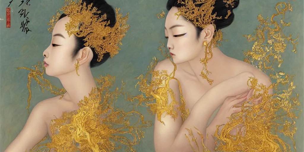 Prompt: asian nymph bald goddess, flowing golden silk twisting with whiten tattoos of cursive sigils on her opalescent skin, fantasy, intricate, very beautiful, elegant, golden light, highly detailed, oil painting by mai xuan thu