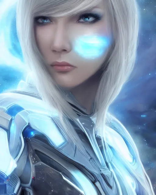 Image similar to photo of a beautiful girl on a mothership, android, warframe armor, pretty face, scifi, futuristic, galaxy, raytracing, dreamy, perfect!!!, cosmic wind, pure, white hair, blue cyborg eyes, glow, insanely detailed, artstation, innocent look, art by gauthier leblanc, kazuya takahashi, huifeng huang