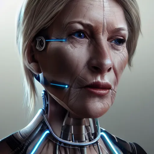 Image similar to extremely detailed portrait of the first beautiful female cyborg president of the united states of america. highly detailed lifelike photorealistic digital painting, artstation.