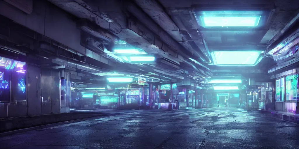 Prompt: a dark futuristic underpass dimly lit by neon-lights, Neo-Tokyo, cyberpunk, 8k, octane render, high resolution, photorealistic, volumetric lightning, max graphics, detailed