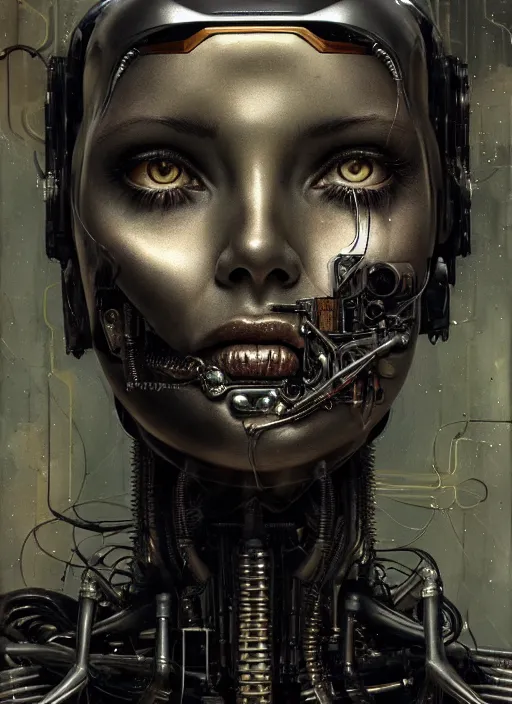 Image similar to a young beautiful female cyborg profile face, by h. r. giger, by ismail inceoglu, by kiki smith, glamor shot, vintage, closeup, f / 2. 8, low contrast, 1 6 k, rim lighting, cinematic lighting, insanely detailed and intricate, hypermaximalist, elegant, ornate, hyper realistic, super detailed