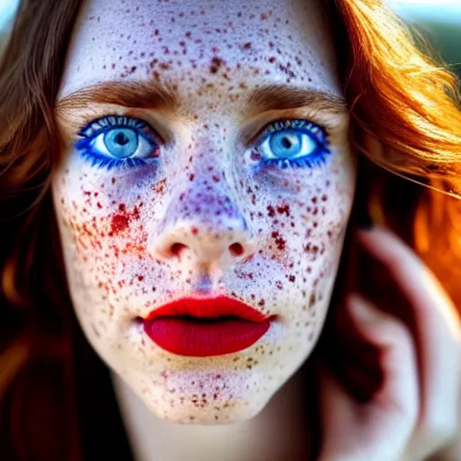 Image similar to close up photo of the left side of the face of a woman with blue eyes and wavy long red-brown hair, red detailed lips and freckles who looks directly at the camera. Slightly open mouth. Whole head visible and covers half of the frame, with a park visible in the background. 135mm nikon. Intricate. Very detailed 8k. Sharp. Cinematic post-processing. Unreal engine. Nanite. Ray tracing. Parallax. Tessellation