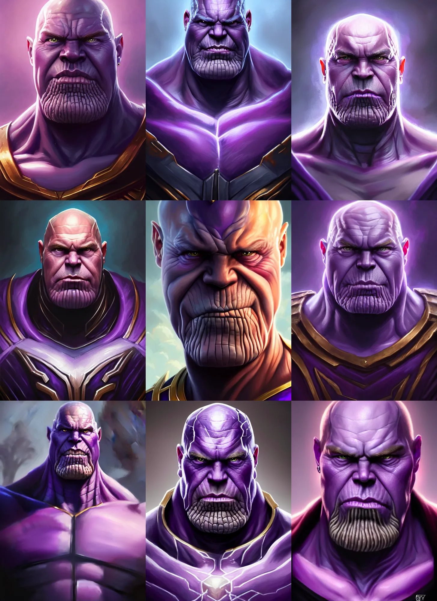 Prompt: a fantasy style portrait painting a character if vladimir putin and thanos had a son, purple skin, powerful chin, thanos style traits, painting, unreal 5, daz., rpg, portrait, extremely detailed, artgerm greg rutkowski _ greg