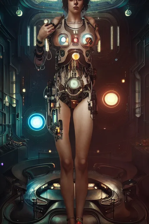 Image similar to ultra realistic, beautiful female cyborg in a crowded smoky cyberpunk club in space megalopolis, sci - fi, intricate details, eerie, highly detailed, octane render, 8 k, art by artgerm and alphonse mucha and greg rutkowski