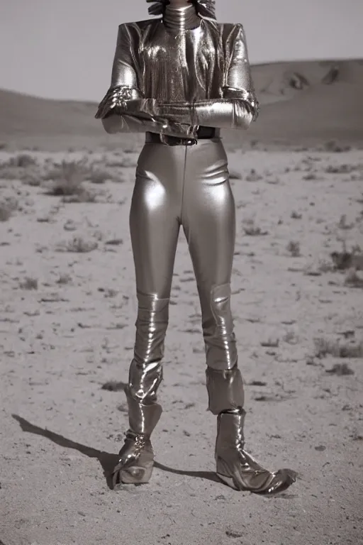 Prompt: portrait davis taylor brown dressed in 1 9 8 1 space fantasy fashion, avante garde, shiny metal, standing in a desert