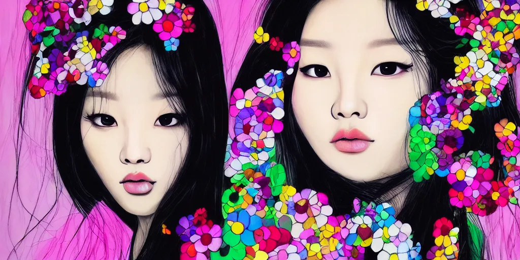 Image similar to a portrait of a very seductive Jennie Kim Blackpink, hair full of flowers, photoillustration, realistic, closeup, facing the camera, dramatic lighting, in the style of Takashi Murakami and Kim Deuk-sin and Okuda Genso
