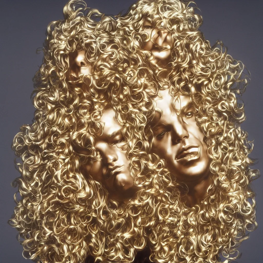 Image similar to an expensive obsidian gilded android showing off his long fluffy blond curly hair by Hajime Sorayama