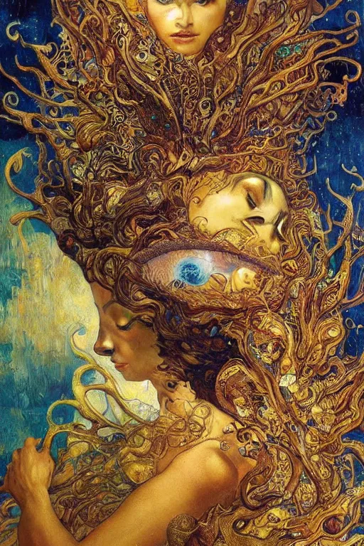 Prompt: Visions of Paradise by Karol Bak, Jean Deville, Gustav Klimt, and Vincent Van Gogh, visionary, otherworldly, fractal structures, ornate gilded medieval icon, third eye, spirals, heavenly spiraling clouds with godrays, airy colors