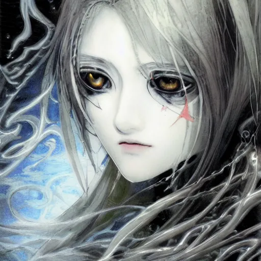 Image similar to Yoshitaka Amano blurred and dreamy illustration of an anime girl with pirate eye patch, wavy white hair and cracks on her face wearing Elden ring armour with the cape fluttering in the wind, abstract black and white patterns on the background, noisy film grain effect, highly detailed, Renaissance oil painting, weird portrait angle