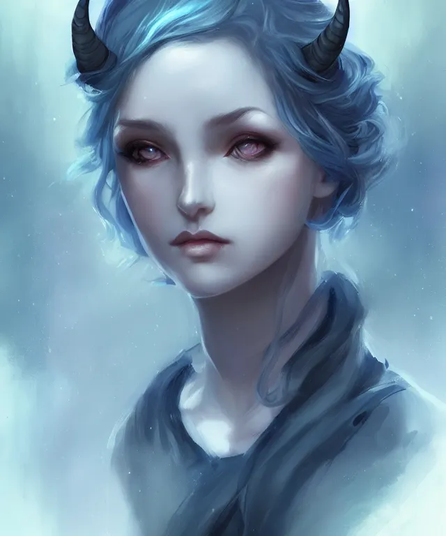 Prompt: cute friendly tiefling by charlie bowater and titian and artgerm, full - body portrait, intricate, face, forest, elegant, blue mist, beautiful, highly detailed, dramatic lighting, sharp focus, trending on artstation, artstationhd, artstationhq, unreal engine, 4 k, 8 k