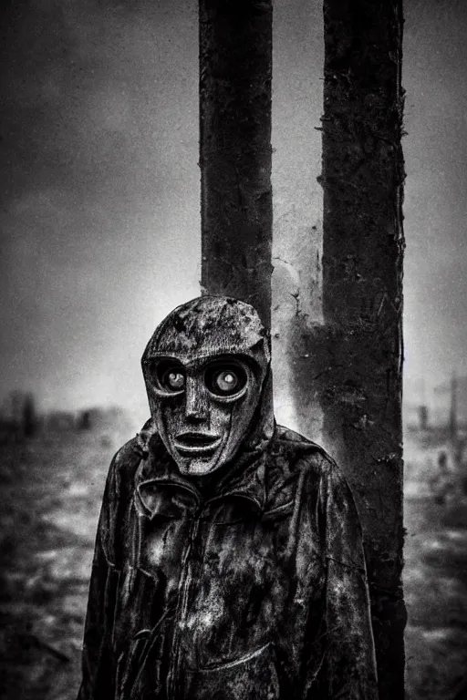 Image similar to the grotesque masked face of the watcher standing in a post apocalyptic wasteland, epic scene, dark, wet, dismal, grotesque mask, horror vibe, twilight, dark, dusk, stormy, black and white, atmospheric, moody lighting, grainy, gritty, epic