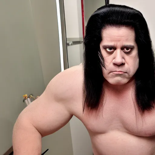 Prompt: glenn danzig sitting in front of a vanity curling his hair, high resolution,