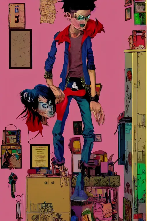 Prompt: a skinny goth guy standing in a cluttered 9 0 s bedroom by jamie hewlett, jamie hewlett art, full body character concept art, vaporwave colors, digital painting, hd, ultra hd, detailed, award winning, small details, artgerm,